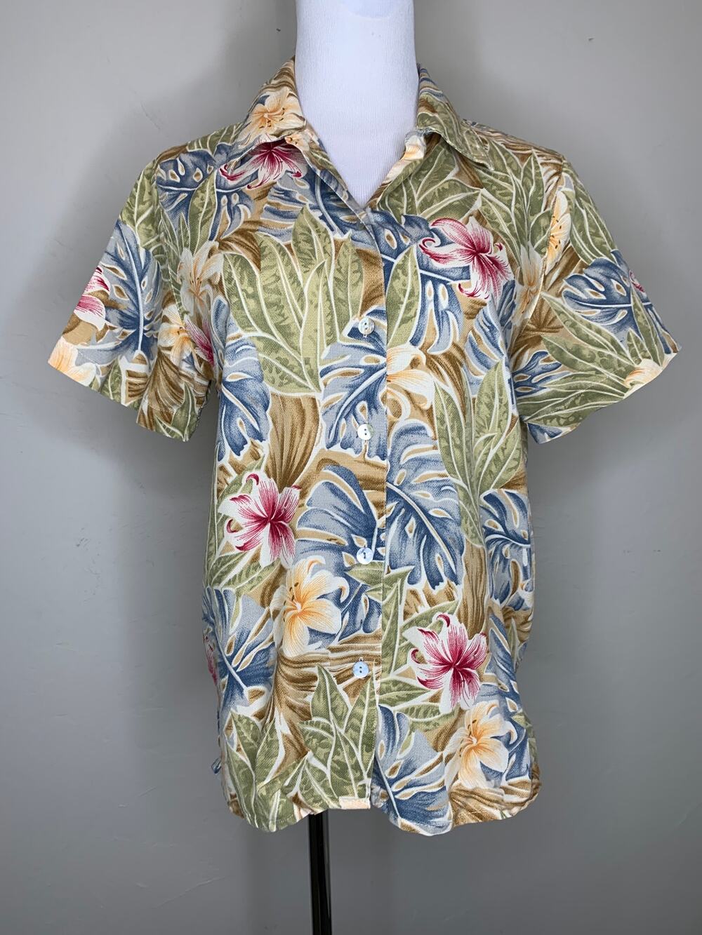 Linen Blend Floral Hawaiian Shirt Sz Small Tan Blue Green